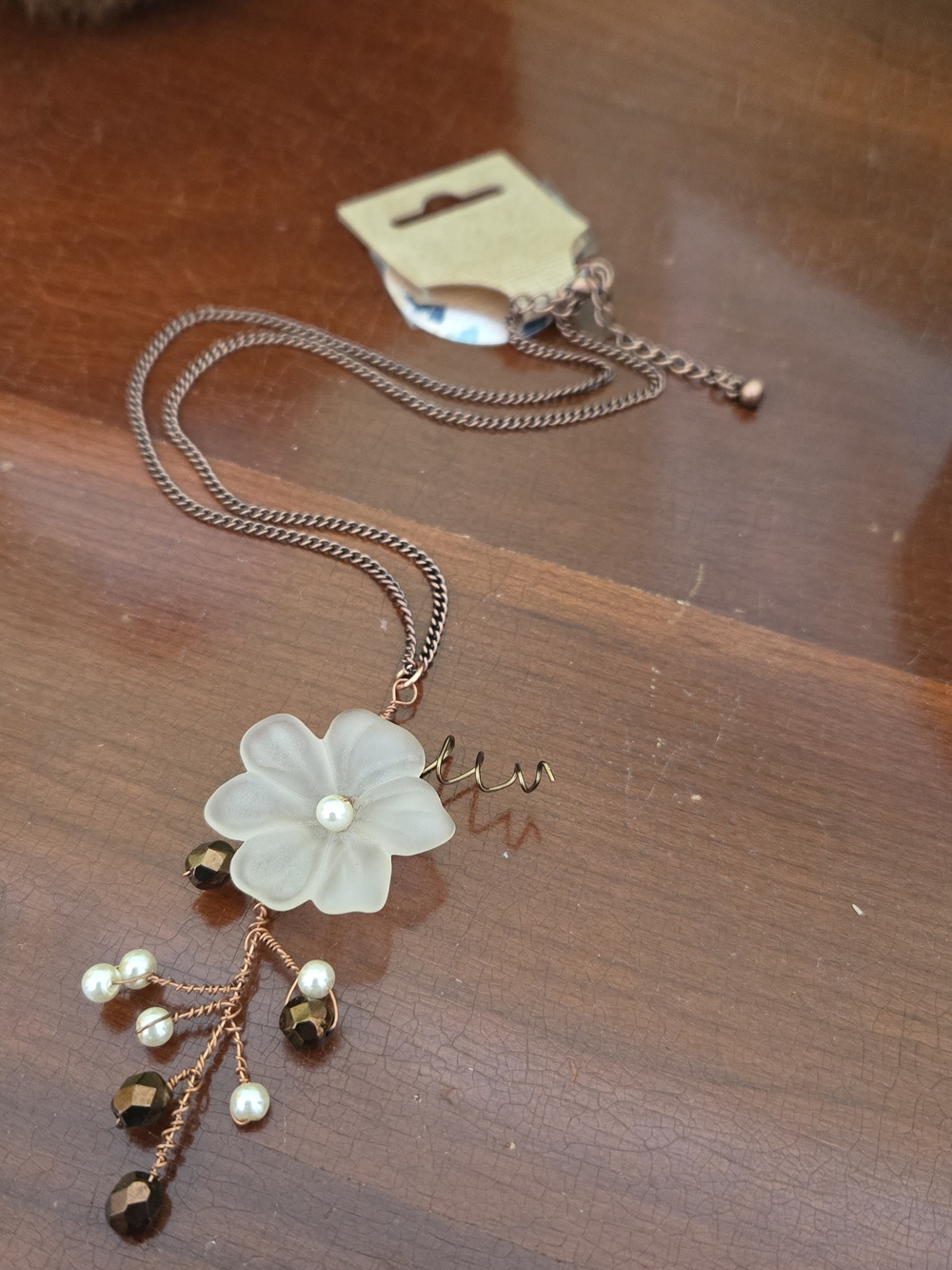 Frosted White Flower Pendant Necklace with Pearl and Copper Accents
